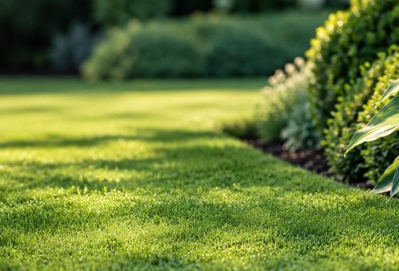 A mown lawn edged by clipped shrubs